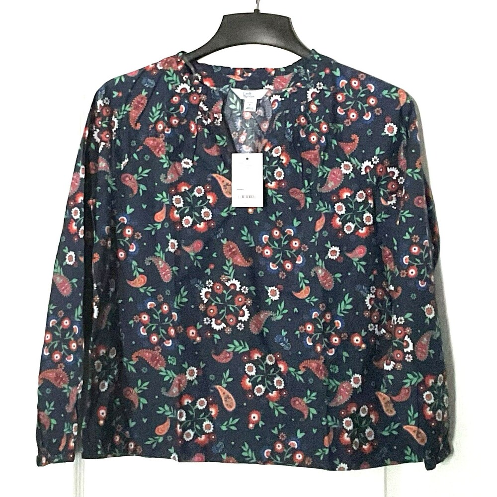 Croft & Barrow Women's Petite Raglan Cotton Popover Blouse Size PS, Navy Paisley